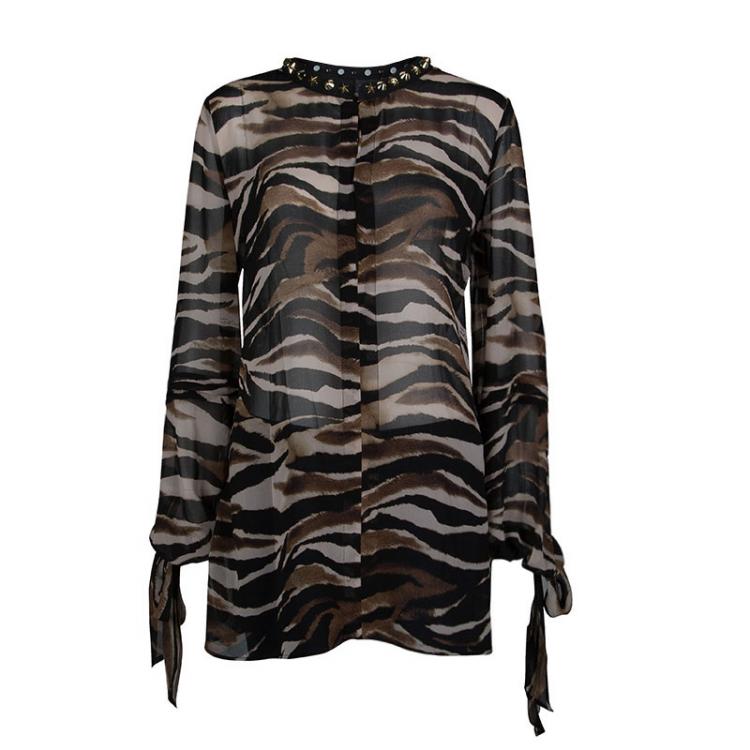 Pre Owned Just Cavalli Animal Print Studded Neck Detail Long Sleeve Blouse L