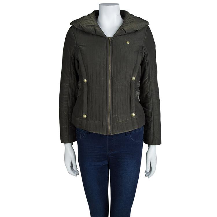 Pre Owned Just Cavalli Olive Green Metallic Finish Hooded Puffer Jacket S