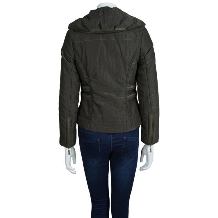 Pre Owned Just Cavalli Olive Green Metallic Finish Hooded Puffer Jacket S