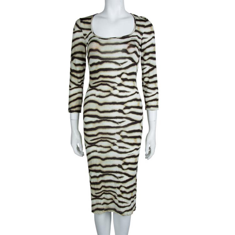 Pre Owned Just Cavalli Beige Tiger Print Jersey Long Sleeve Dress S