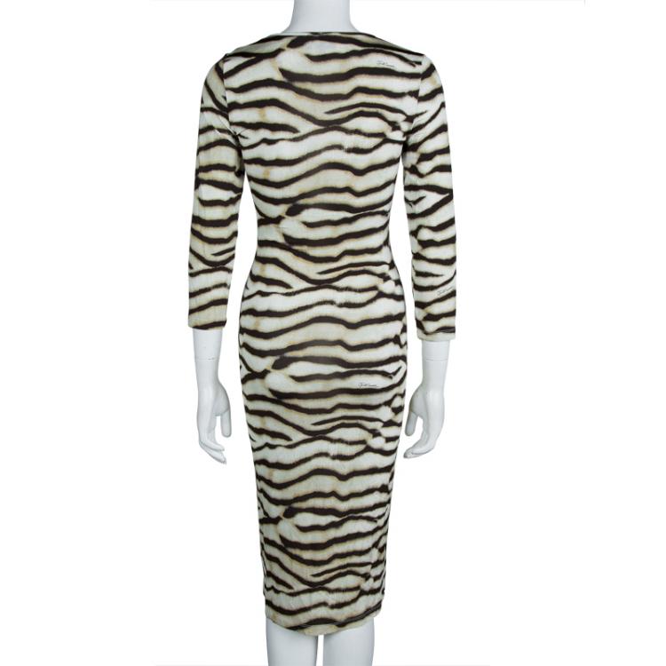 Pre Owned Just Cavalli Beige Tiger Print Jersey Long Sleeve Dress S