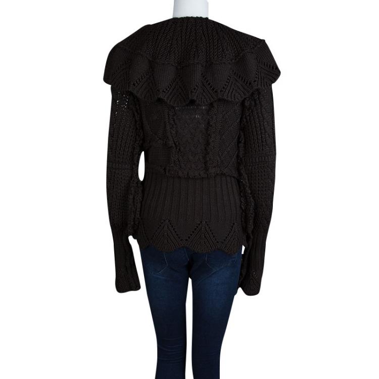 Pre Owned Just Cavalli Brown Chunky Knit Ruffle Detail Cardigan M