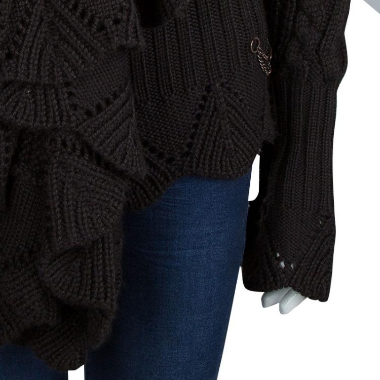Pre Owned Just Cavalli Brown Chunky Knit Ruffle Detail Cardigan M