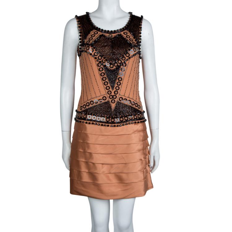 Pre Owned Just Cavalli Orange Silk Embellished Pleat Detail Sleeveless Dress M