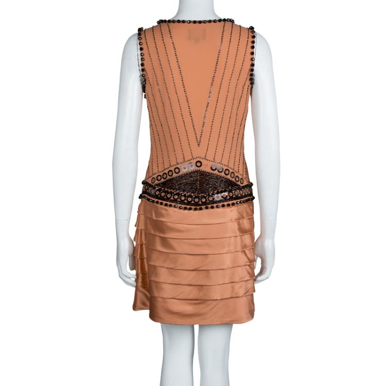 Pre Owned Just Cavalli Orange Silk Embellished Pleat Detail Sleeveless Dress M