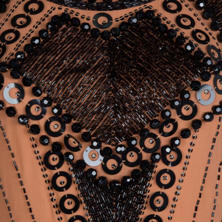Pre Owned Just Cavalli Orange Silk Embellished Pleat Detail Sleeveless Dress M
