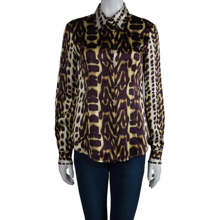 Pre Owned Just Cavalli Brown Silk Leopard Print Button Down Shirt M