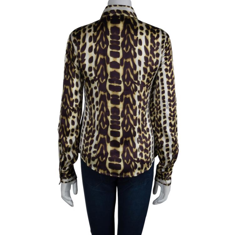 Pre Owned Just Cavalli Brown Silk Leopard Print Button Down Shirt M
