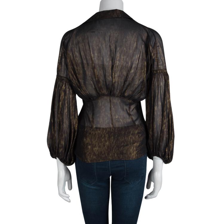 Pre Owned Just Cavalli Metallic Printed Silk Ruffle Detail Sheer Blouse XL