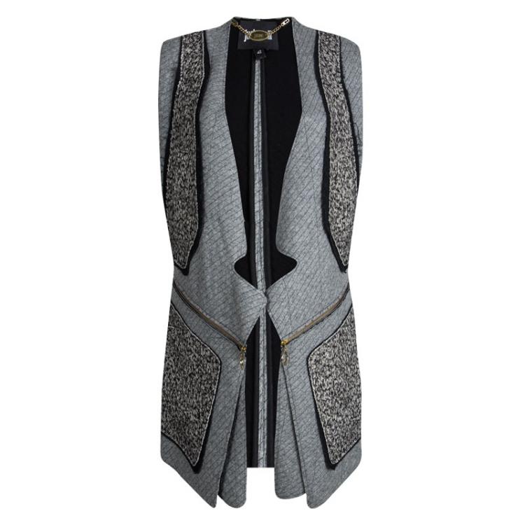 Pre Owned Just Cavalli Grey Textured Panel Zip Detail Sleeveless Vest M