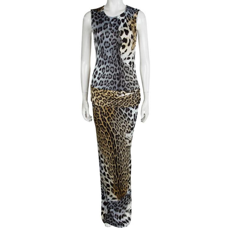 Pre Owned Just Cavalli Multicolor Leopard Print Sleeveless Maxi Dress L