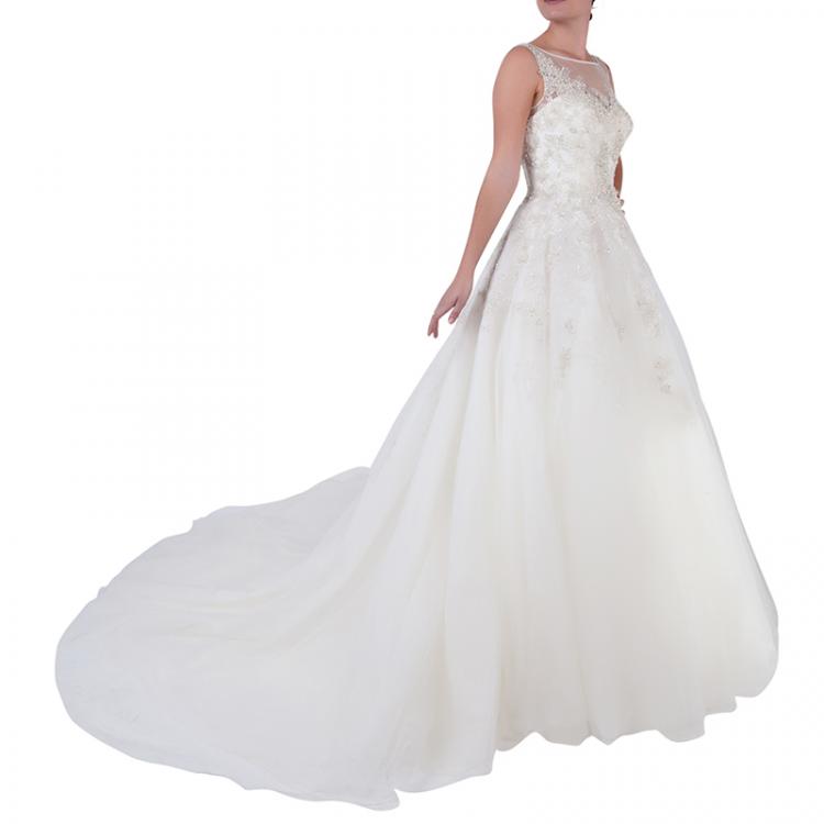 Pre Owned Justin Alexander Ivory Sleeveless Embellished Tulle Wedding Gown M