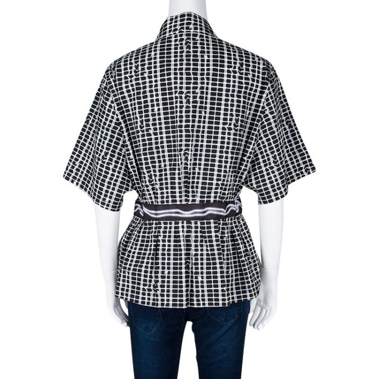 Pre Owned Kenzo Neon Plaid Pleat Detail Cotton Blouse L 