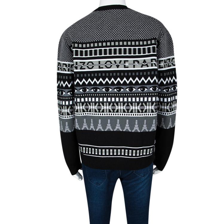 مملوكة مسبقًا Kenzo Striped Embroidered Wool Eye Motif Embellished Sweater M