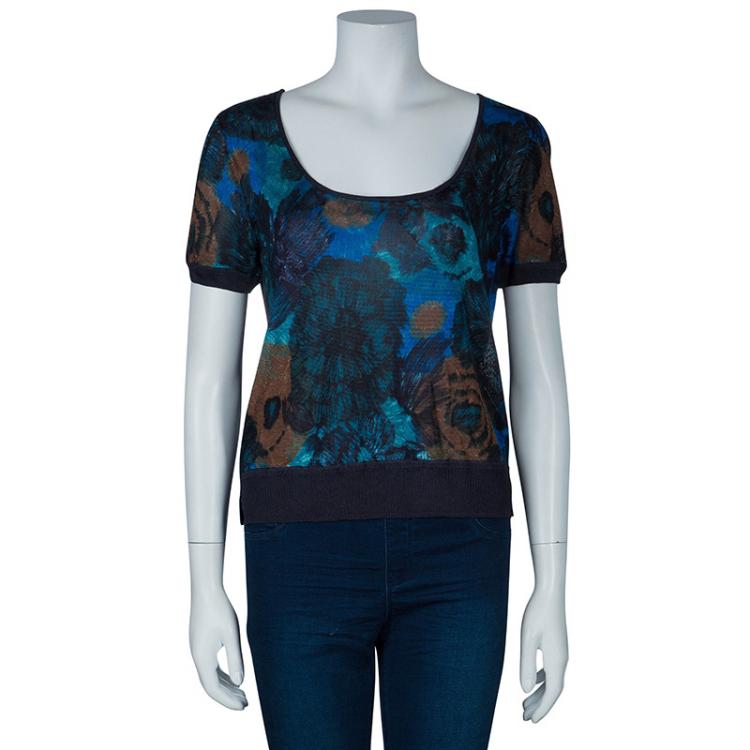 Pre Owned Kenzo Blue Multicolor Print Top L