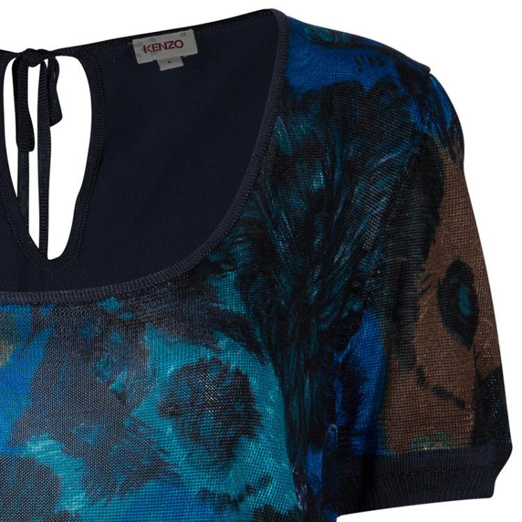 Pre Owned Kenzo Blue Multicolor Print Top L