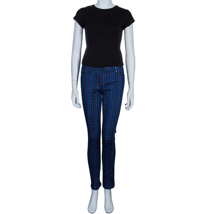 Pre Owned Kenzo Blue Checked Denim Trousers S