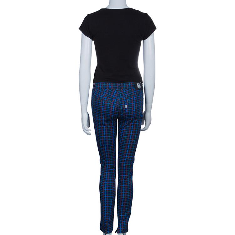 Pre Owned Kenzo Blue Checked Denim Trousers S
