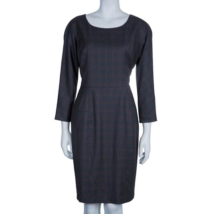 Pre Owned Kenzo Plaid Wool Sheath Dress L