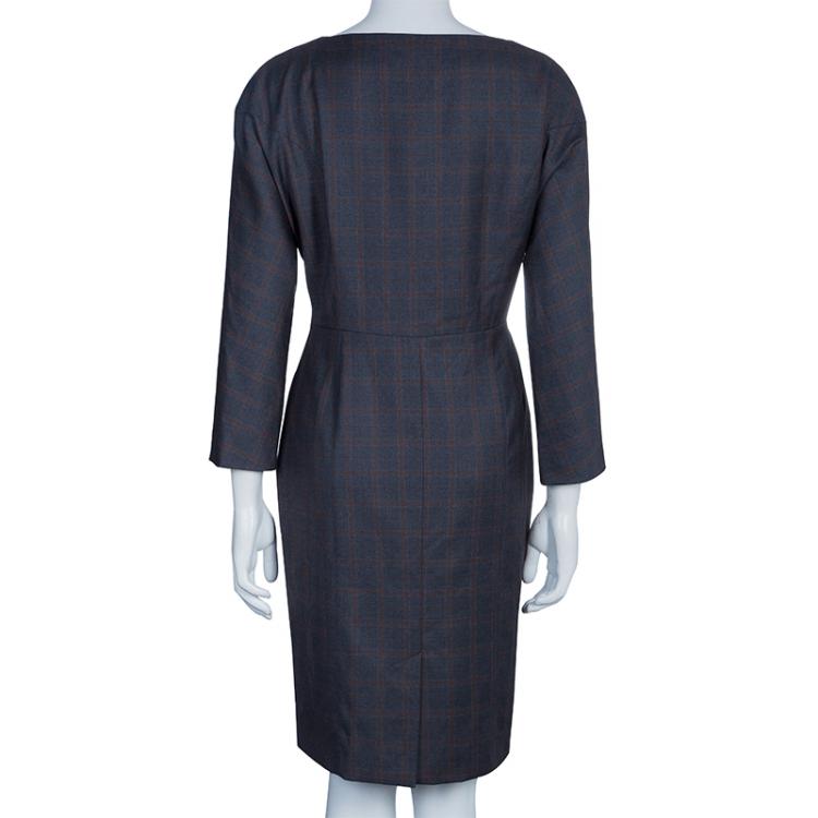 Pre Owned Kenzo Plaid Wool Sheath Dress L