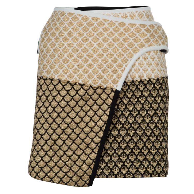 Pre Owned Kenzo Gold and Black Jacquard Lurex Knit Wraparound Skirt L