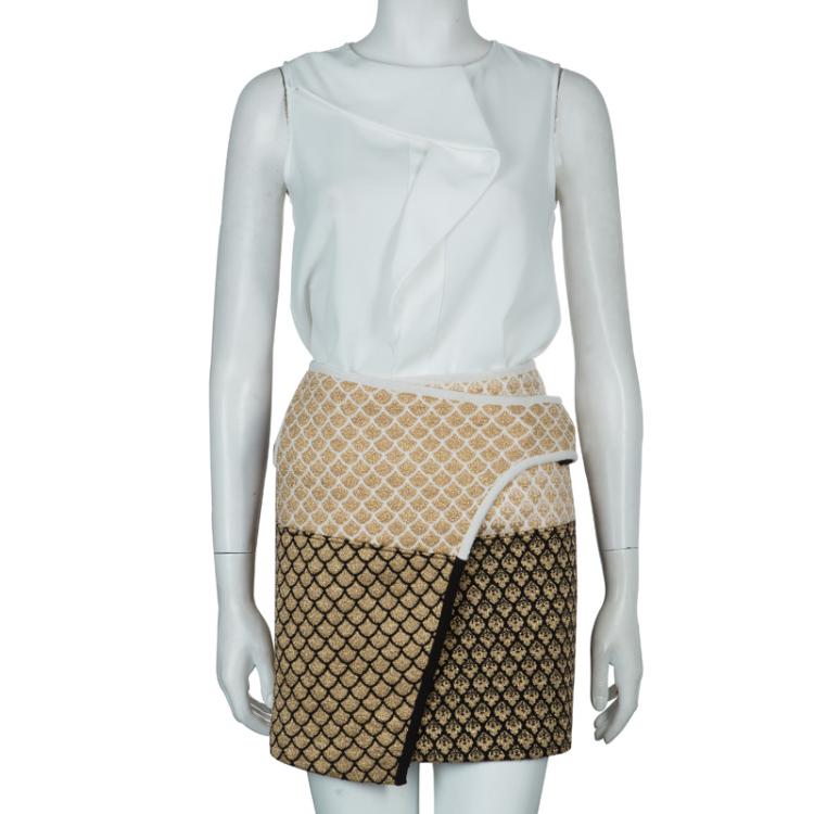 Pre Owned Kenzo Gold and Black Jacquard Lurex Knit Wraparound Skirt L