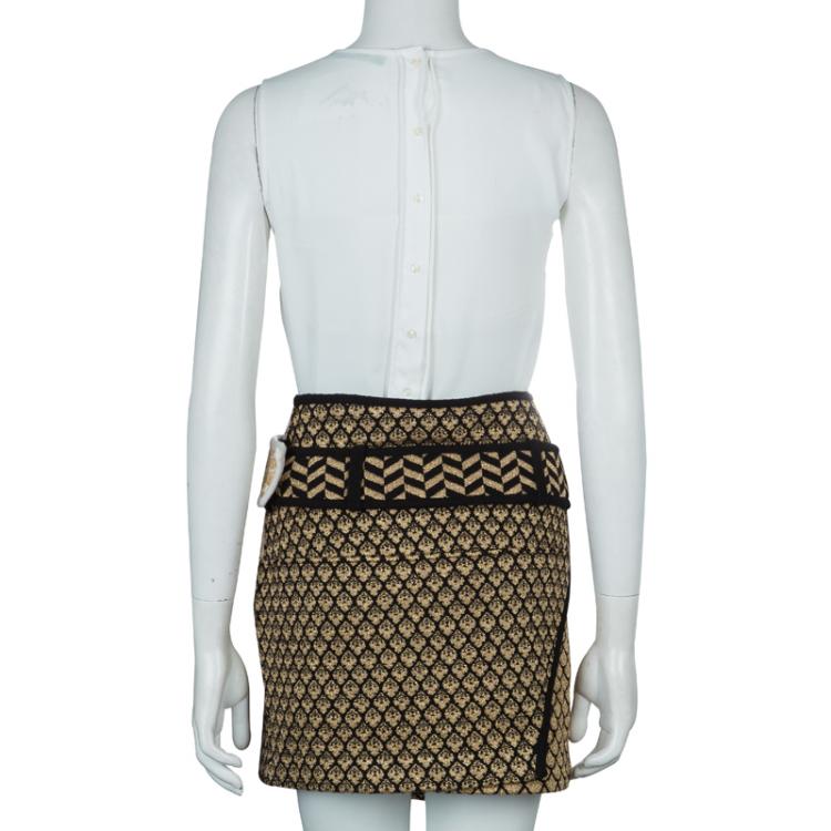 Pre Owned Kenzo Gold and Black Jacquard Lurex Knit Wraparound Skirt L