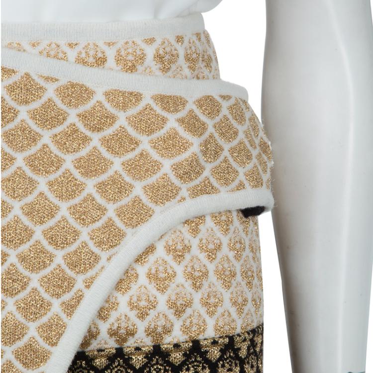 Pre Owned Kenzo Gold and Black Jacquard Lurex Knit Wraparound Skirt L