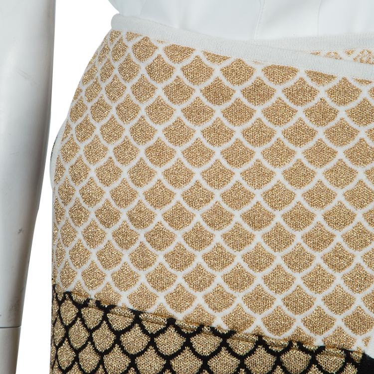 Pre Owned Kenzo Gold and Black Jacquard Lurex Knit Wraparound Skirt L