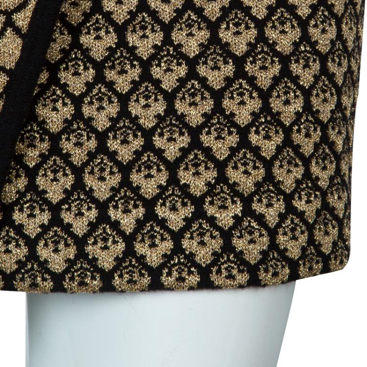 Pre Owned Kenzo Gold and Black Jacquard Lurex Knit Wraparound Skirt L