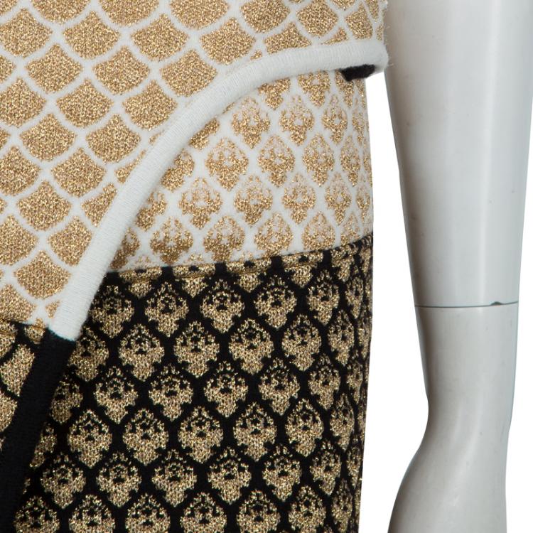 Pre Owned Kenzo Gold and Black Jacquard Lurex Knit Wraparound Skirt L