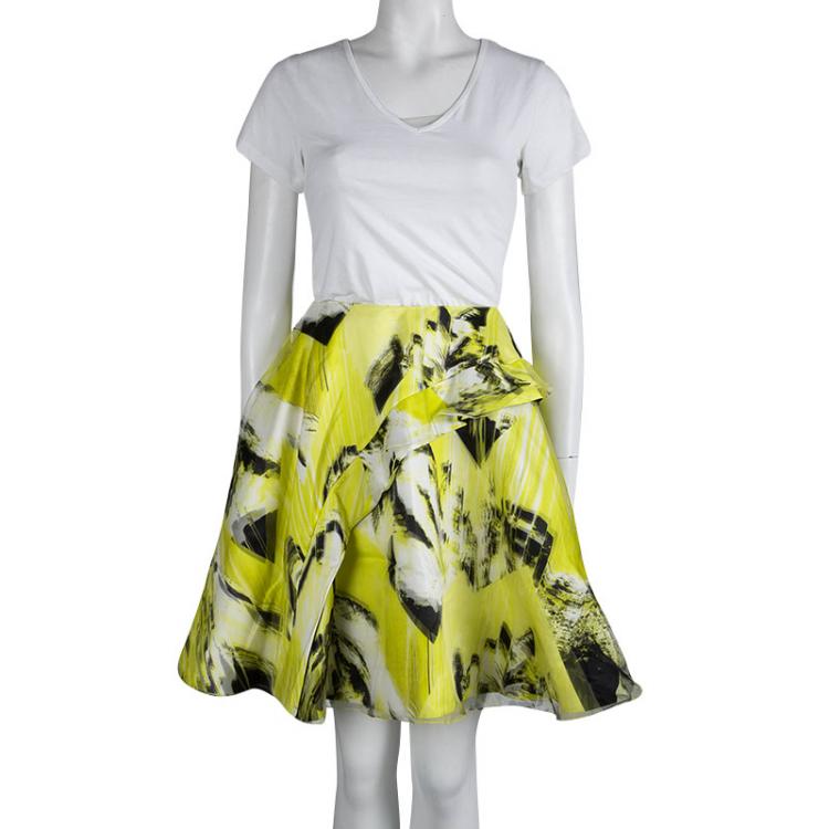 Pre Owned Kenzo Yellow Printed Organza Overlay Circular Skirt S