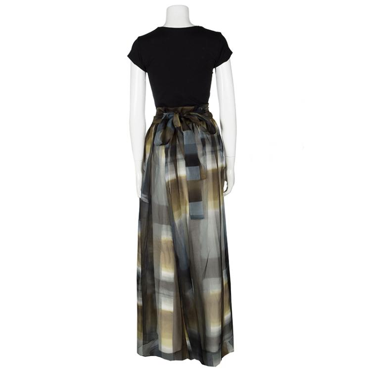 Pre Owned Kenzo Multicolor Printed Silk Tie Detail Maxi Skirt L