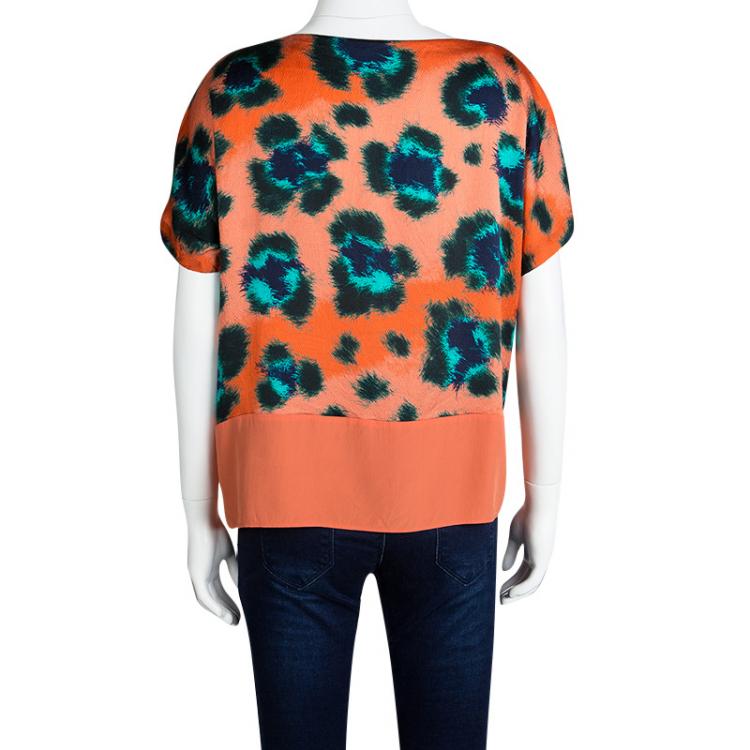 Pre Owned Kenzo Orange Hammered Silk Multicolor Print Short Sleeve Top M