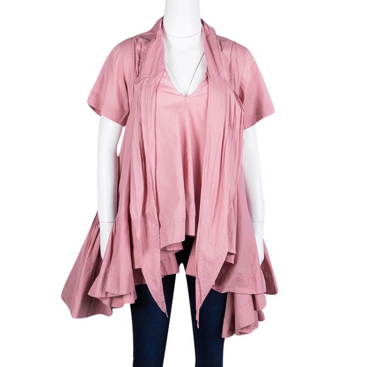 Pre Owned Kenzo Pink Cotton Gathered High Low Short Sleeve Tunic M