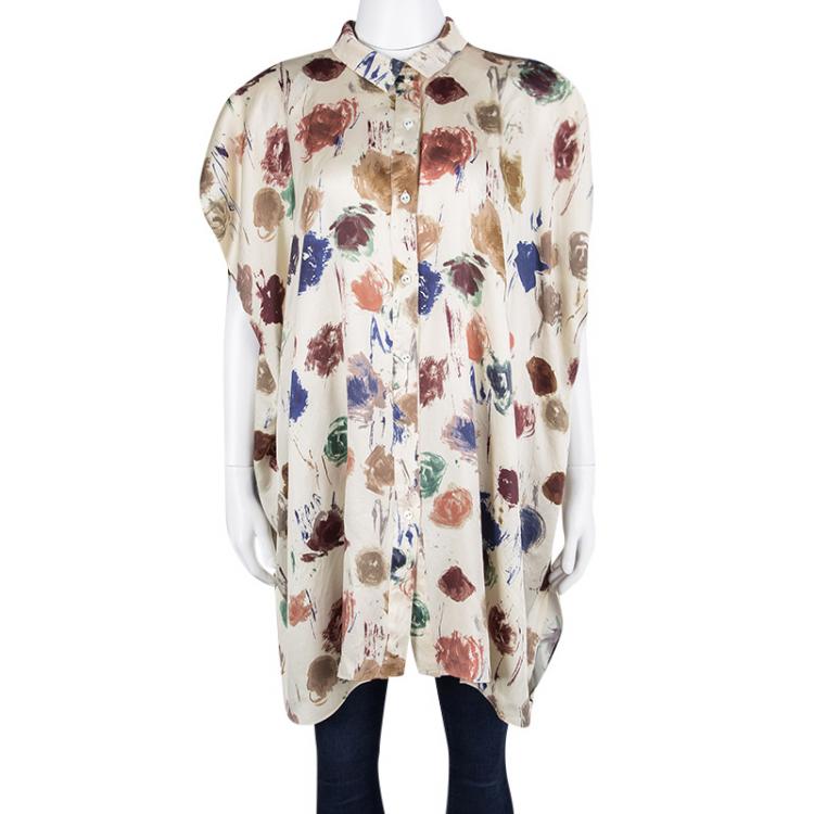 Pre Owned Kenzo Cream Floral Printed Oversized Silk Shirt L