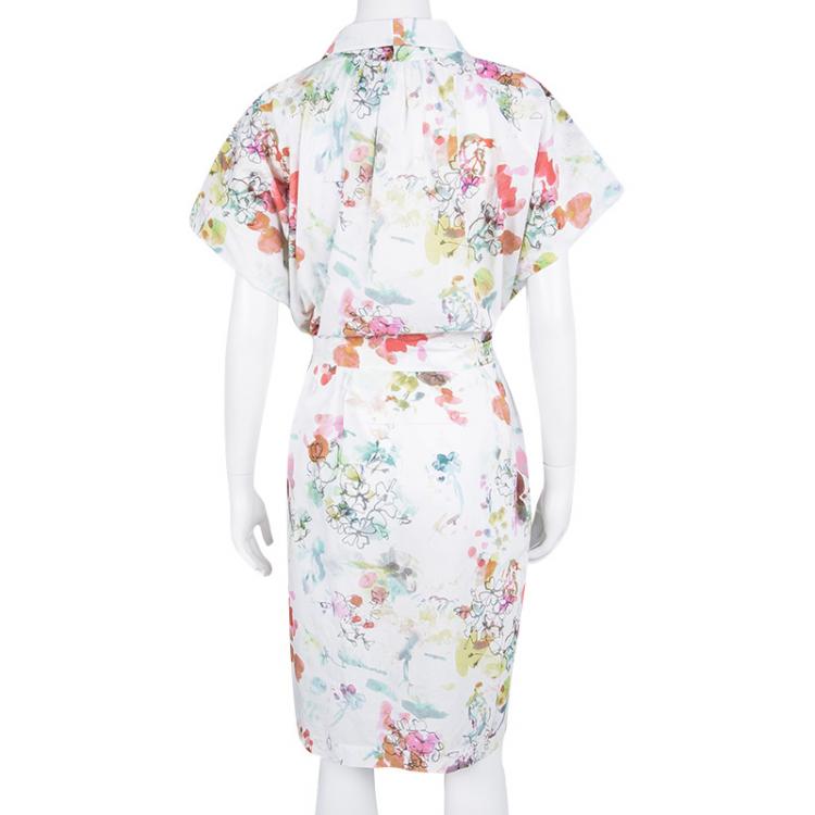 Pre Owned Kenzo White Floral Printed Cotton Belted Dress XL