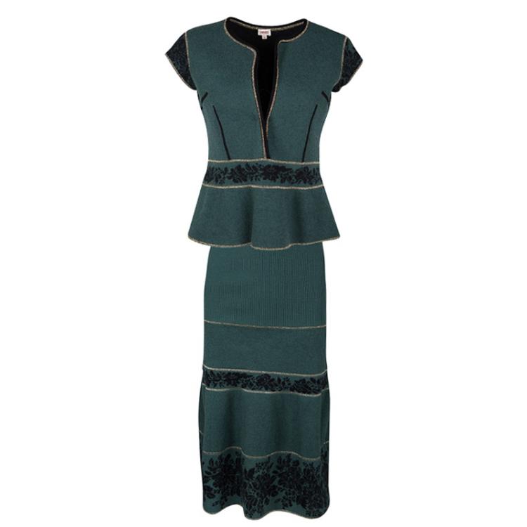 Pre Owned Kenzo Green Floral Wool Jacquard Lurex Detail Skirt and Top Set S