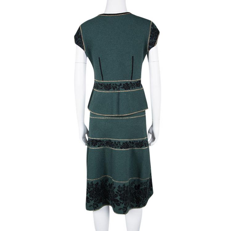 Pre Owned Kenzo Green Floral Wool Jacquard Lurex Detail Skirt and Top Set S