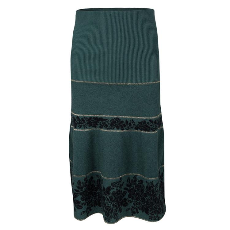 Pre Owned Kenzo Green Floral Wool Jacquard Lurex Detail Skirt and Top Set S