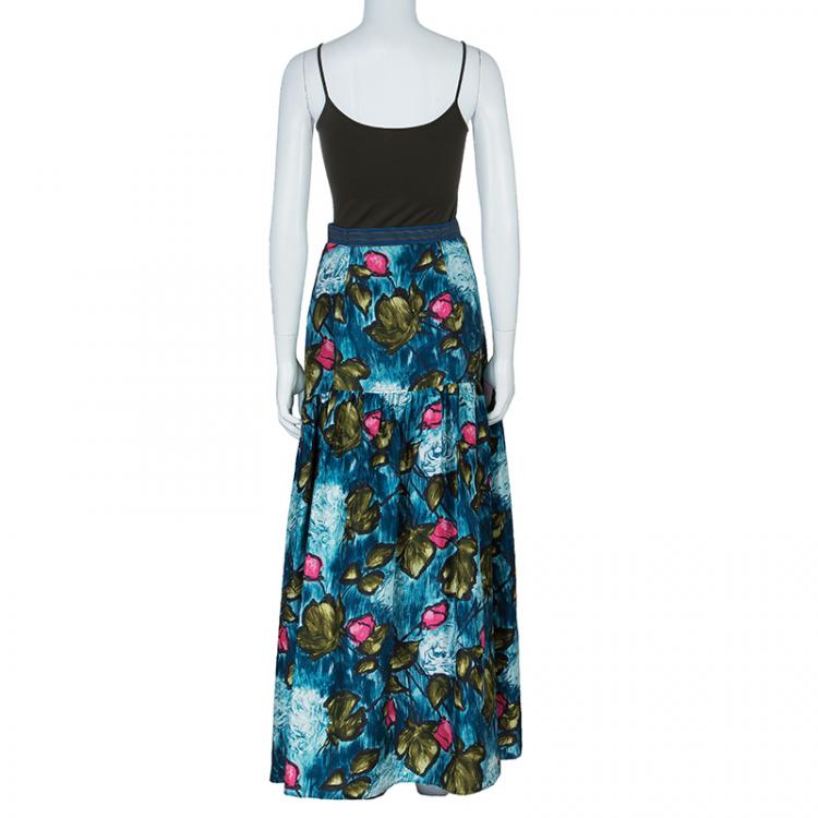 Pre Owned Kenzo Multicolor Gathered Cotton Maxi Skirt M