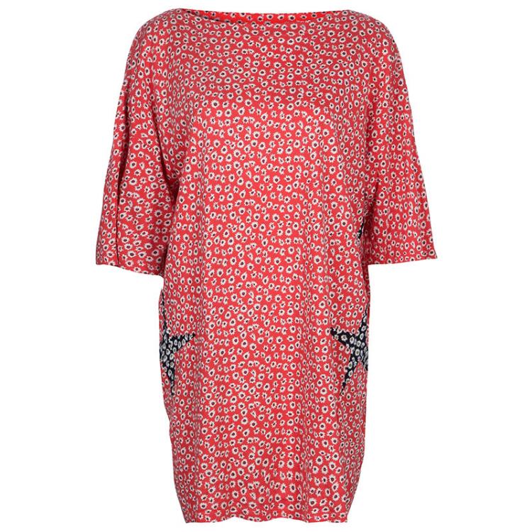 Pre Owned Kenzo Red Floral Print Knit Shift Dress L