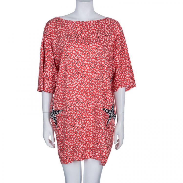 Pre Owned Kenzo Red Floral Print Knit Shift Dress L