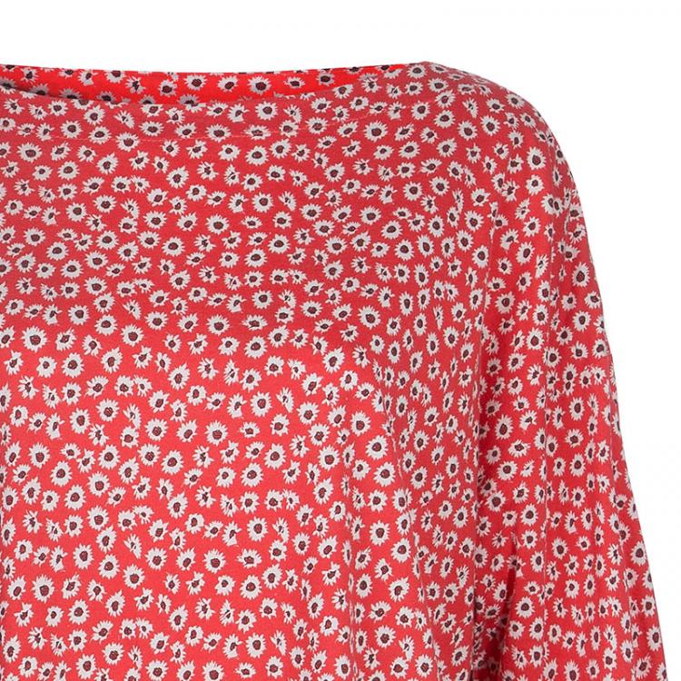 Pre Owned Kenzo Red Floral Print Knit Shift Dress L