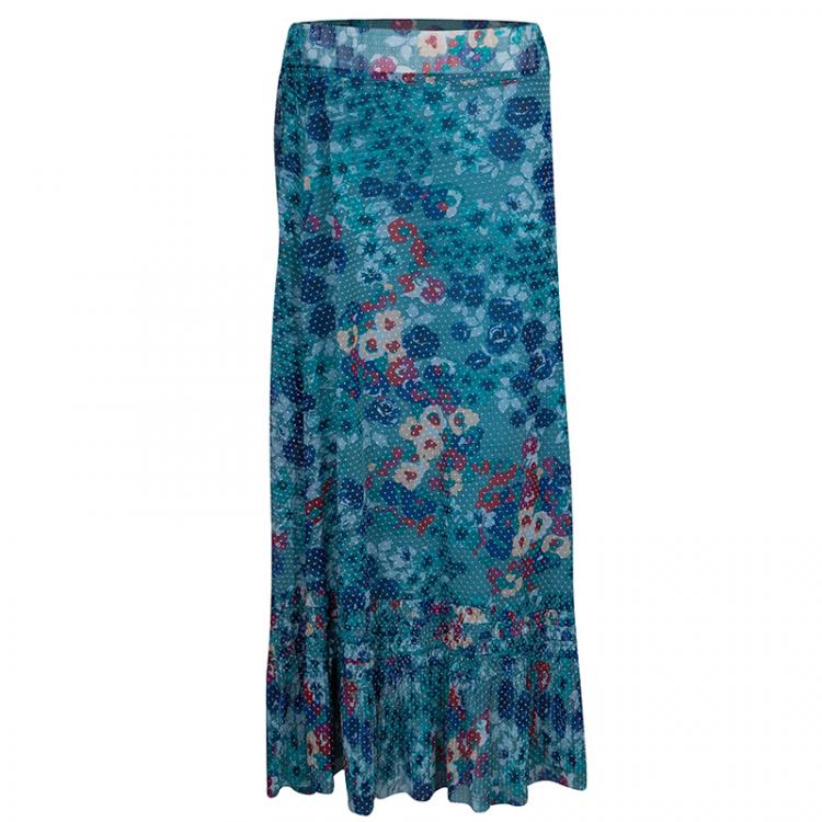 Pre Owned Kenzo Green Floral Print Maxi Skirt L