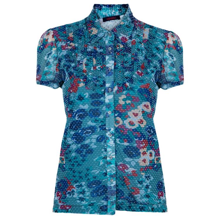 Pre Owned Kenzo Green Floral Print Short Sleeve Top L