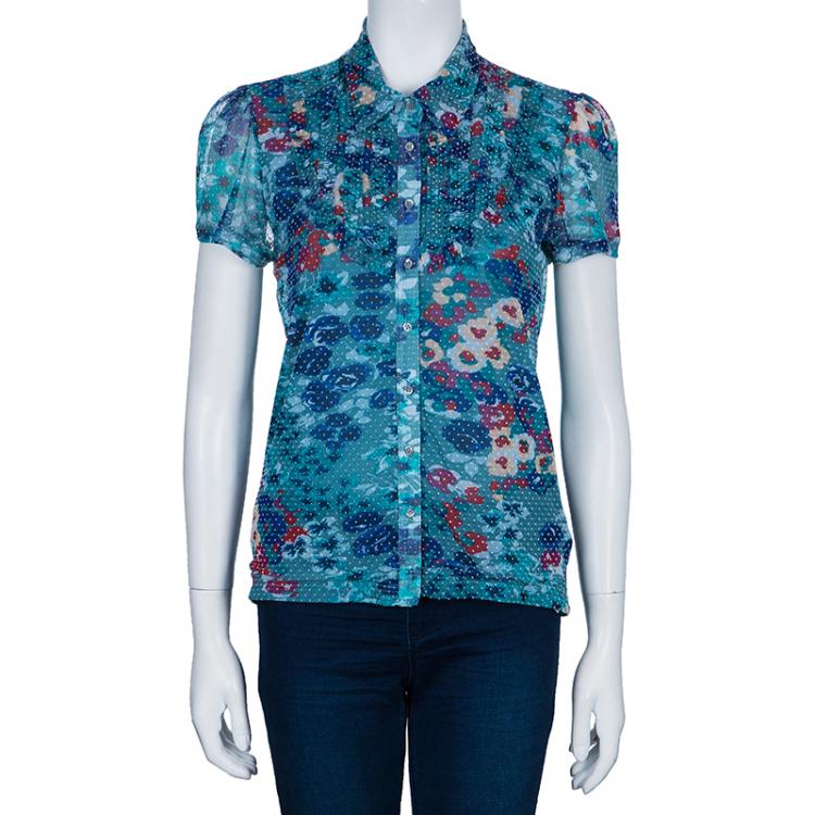 Pre Owned Kenzo Green Floral Print Short Sleeve Top L