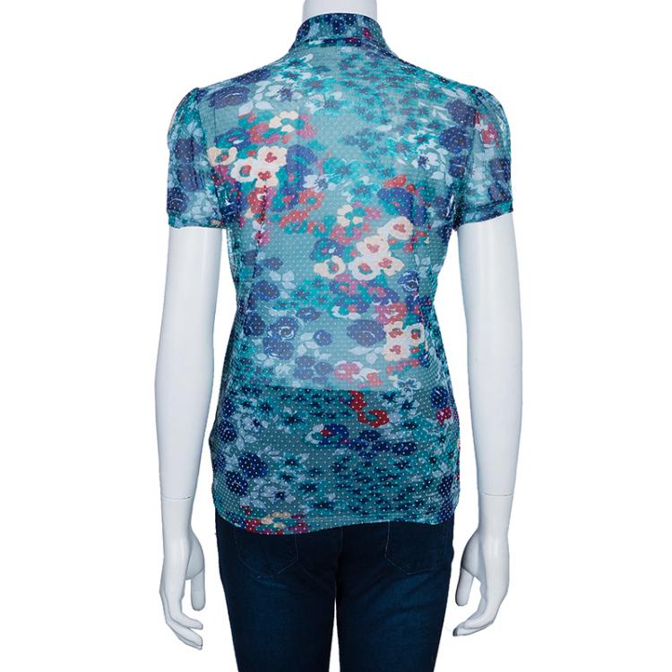 Pre Owned Kenzo Green Floral Print Short Sleeve Top L