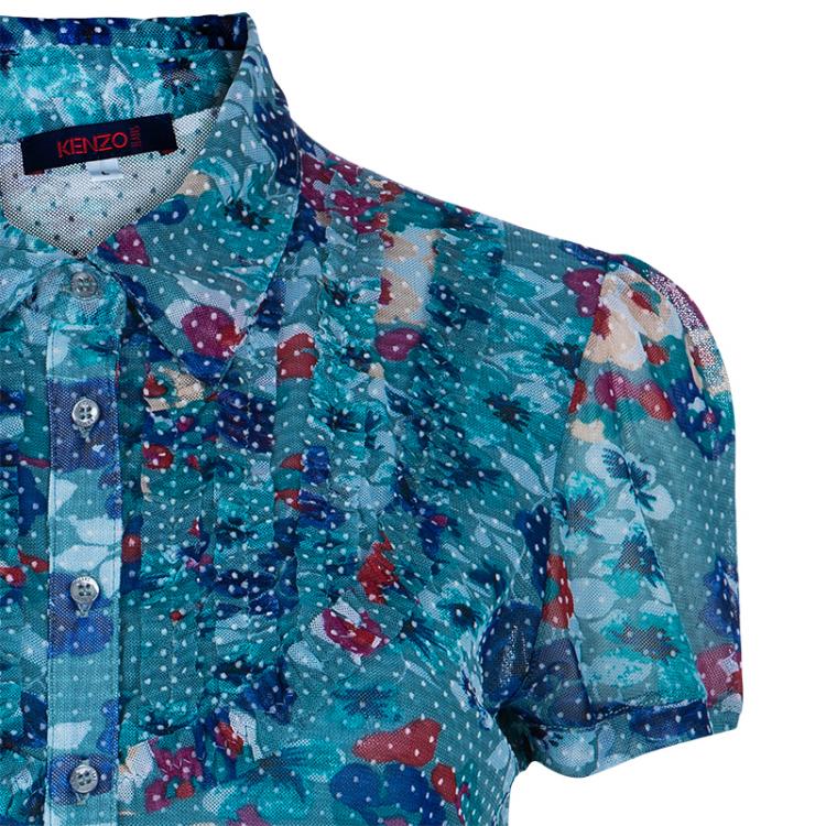 Pre Owned Kenzo Green Floral Print Short Sleeve Top L