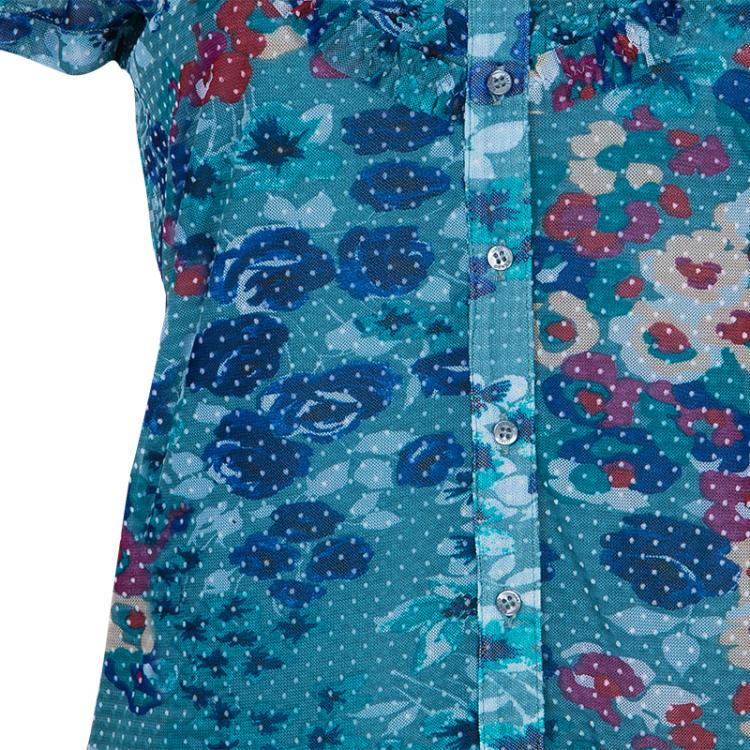 Pre Owned Kenzo Green Floral Print Short Sleeve Top L